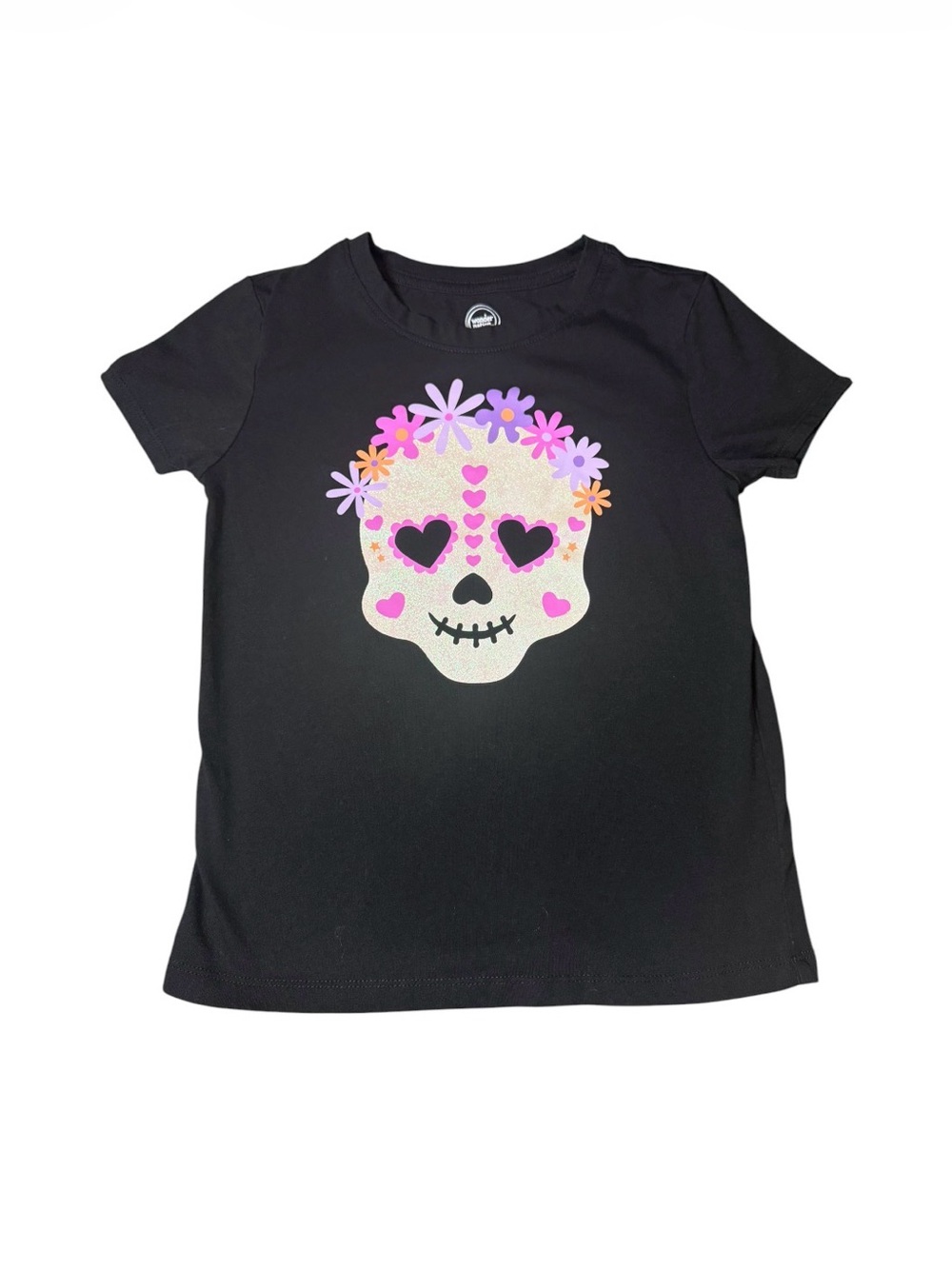 wonder nation Black Tee with Glitter Skull and Floral Crown